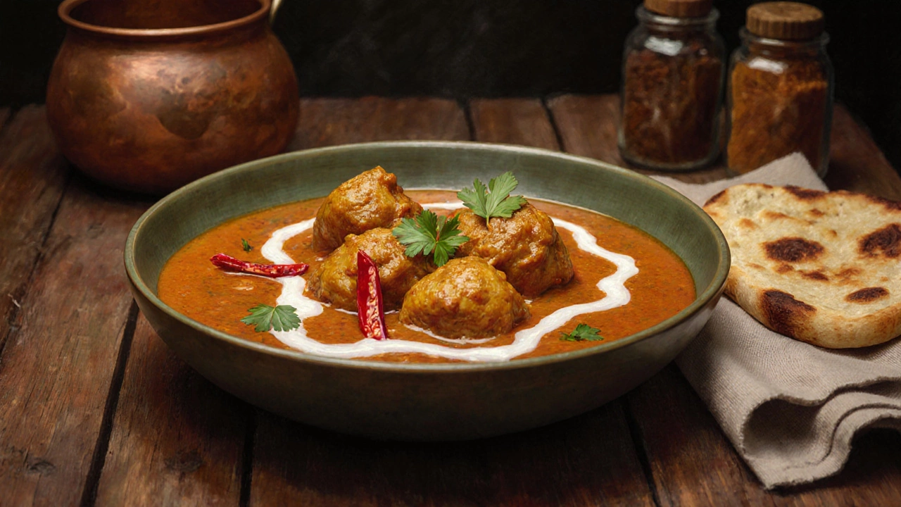 A plate of chicken curry with silky amber sauce, cilantro garnish, and naan on a wooden table.