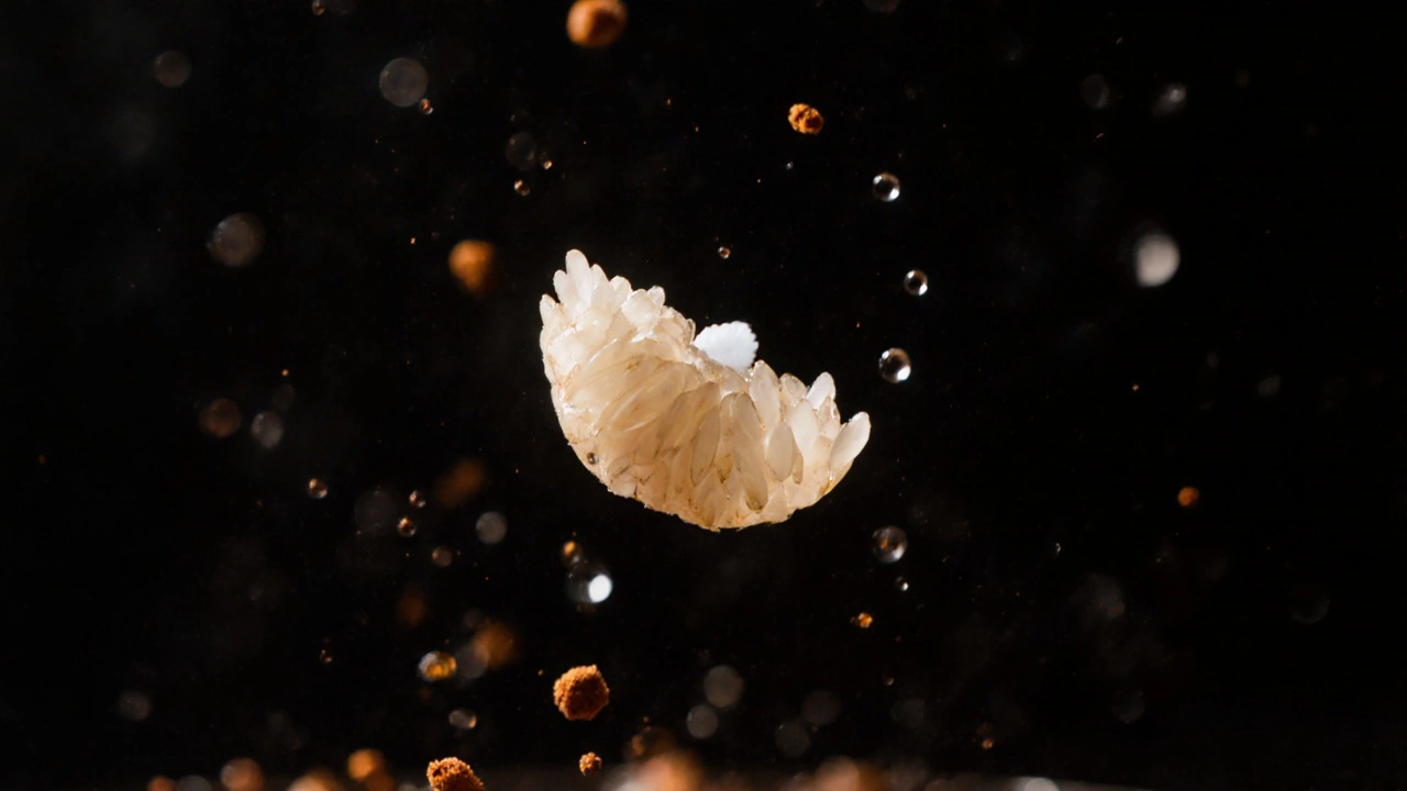 A single perfect rice grain mid-air, slightly bent, with white center visible and spice particles around.
