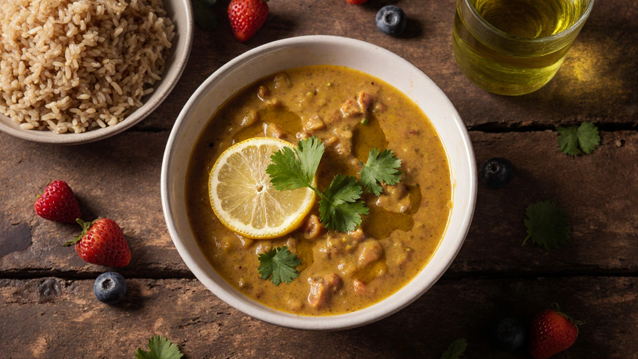 Bowl of dal with rice, cilantro, lemon, berries, and green tea on a rustic table.