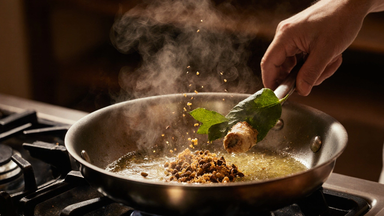 Chef&#039;s hands sautéing spices, ginger, garlic and curry leaves in a pan.