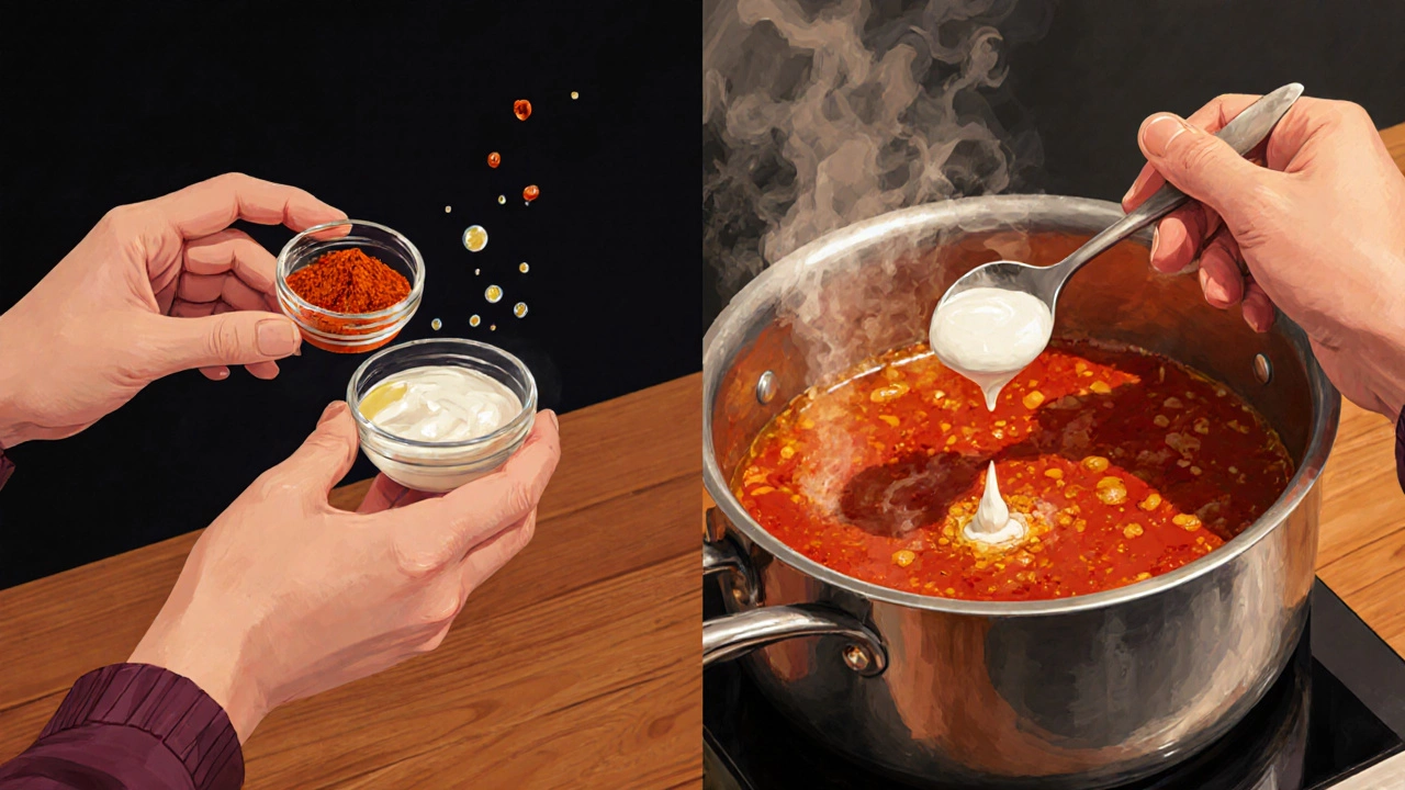 Chef’s hands adding chili powder, yogurt, and lemon to broth, tasting with a spoon.