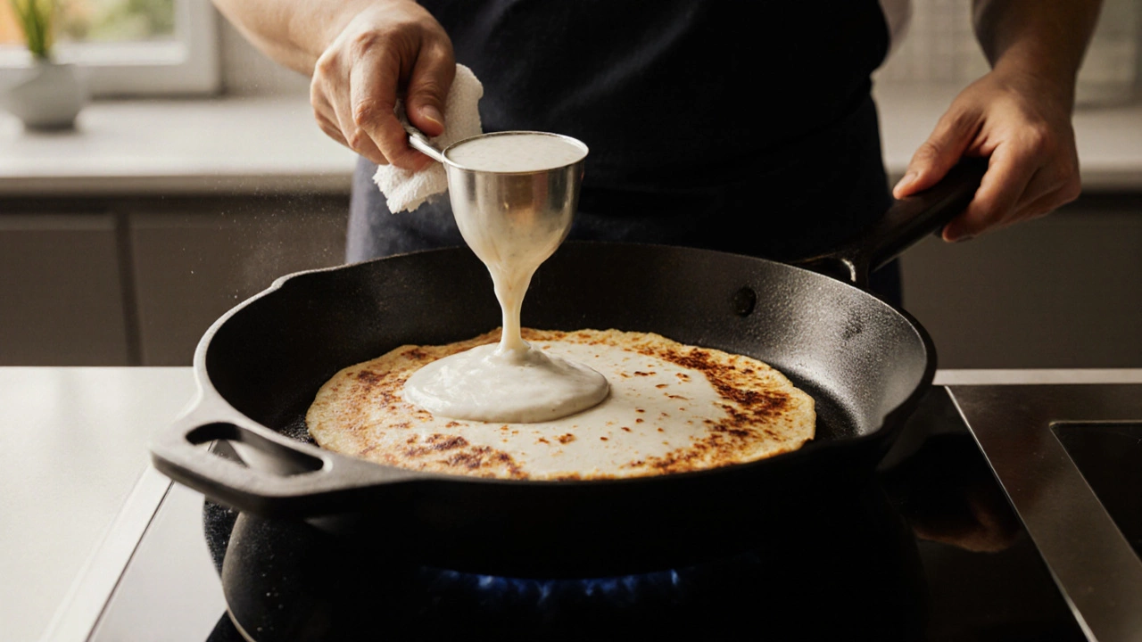 Chef swirling batter in a skillet, lifting a perfectly crisp dosa with a spatula.