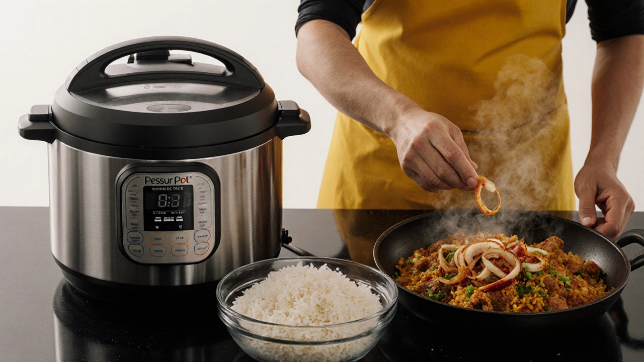 Chef using a pressure cooker and pre‑soaked rice to speed up biryani preparation.