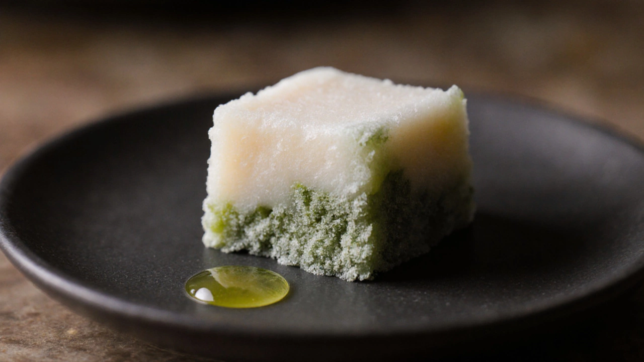 Close‑up of barfi showing white mold and sticky surface indicating spoilage.