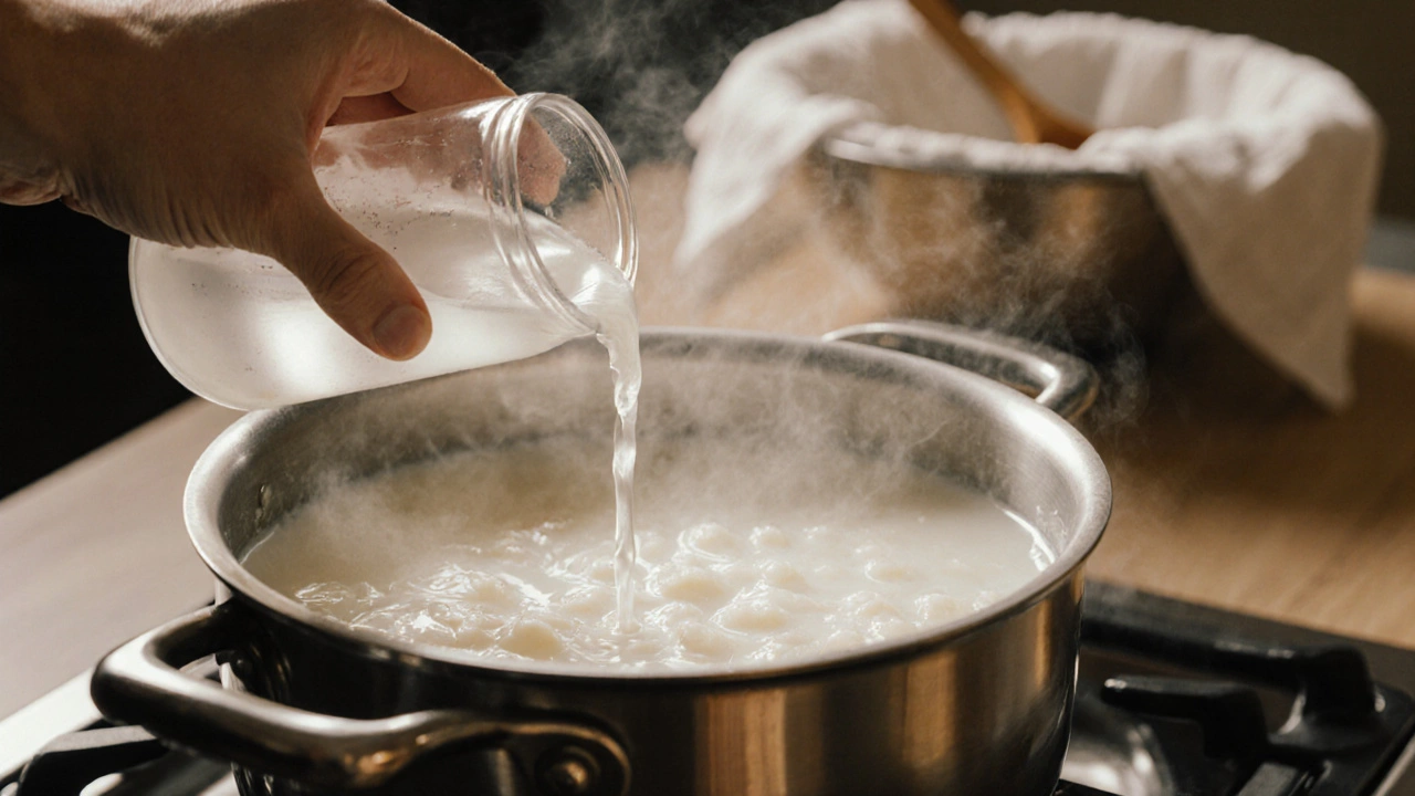 Close‑up of milk steaming in a pot as vinegar is poured, forming curds for paneer.