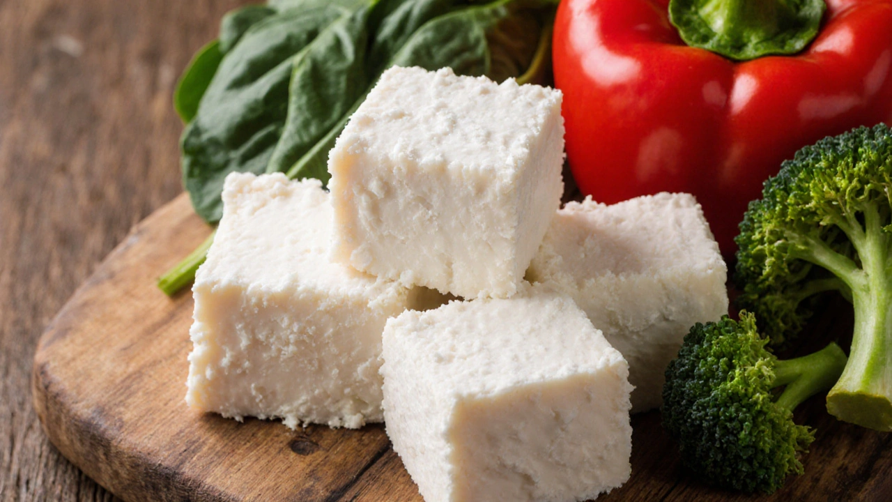 Close-up of paneer cubes beside colorful fresh vegetables on a wooden board.
