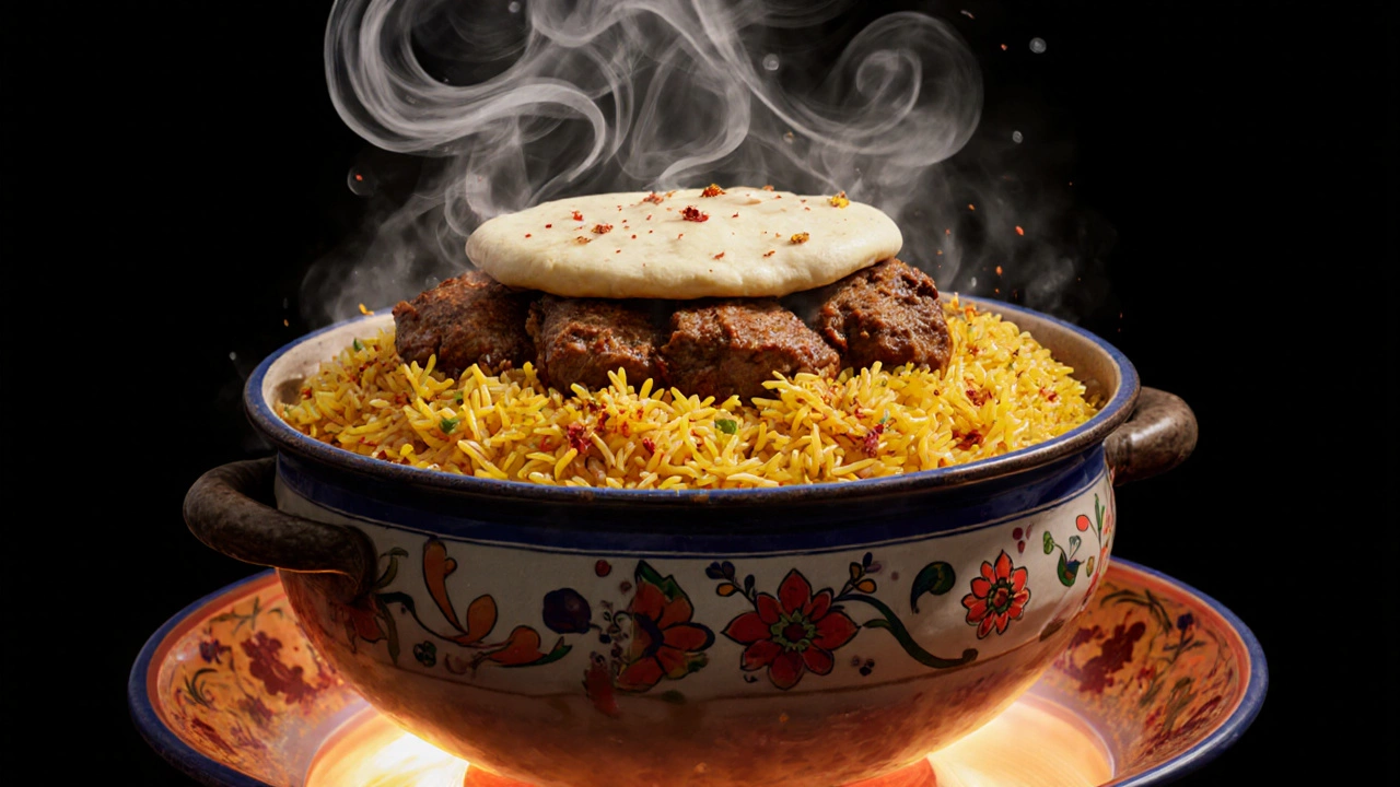 Cross-section of layered biryani in a sealed pot, rice and meat alternating with steam rising.