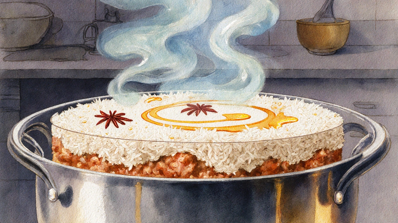 Cross‑section view of layered biryani in a sealed pot with steam rising.