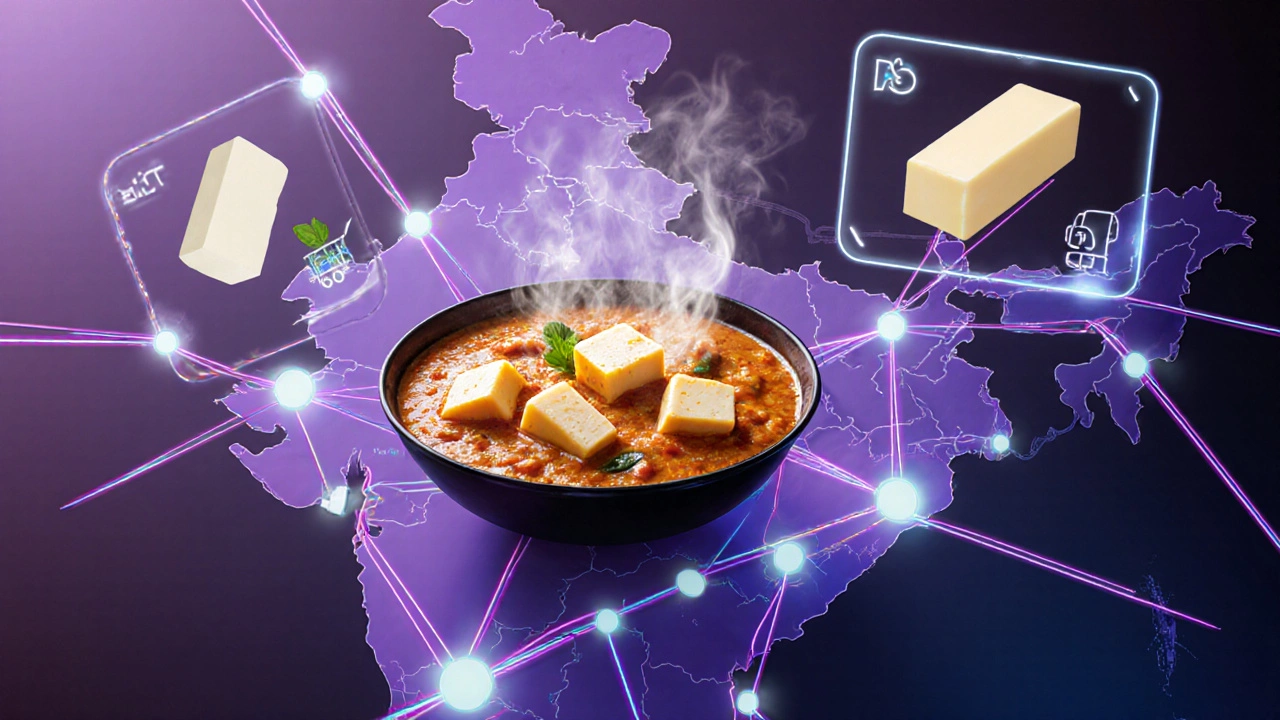 Digital art of India map with glowing food‑delivery icons and tofu as a plant‑based alternative.