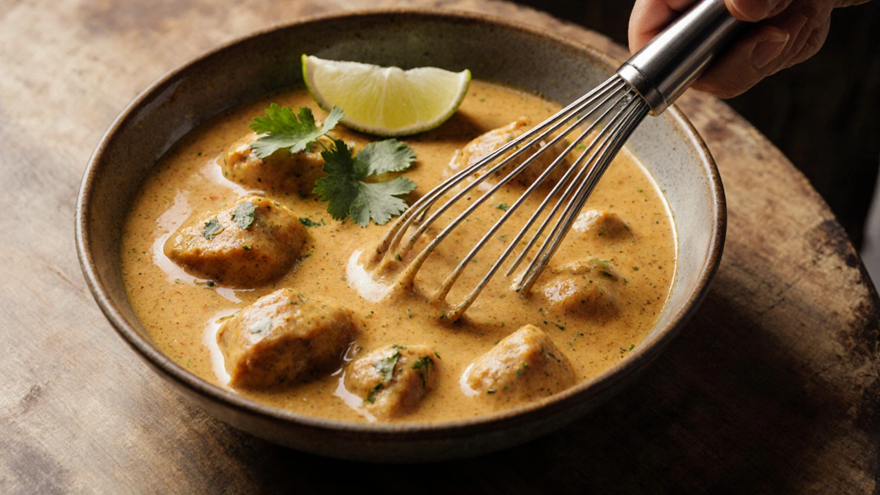 Finished coconut-milk chicken curry in a bowl, garnished with cilantro and lime.