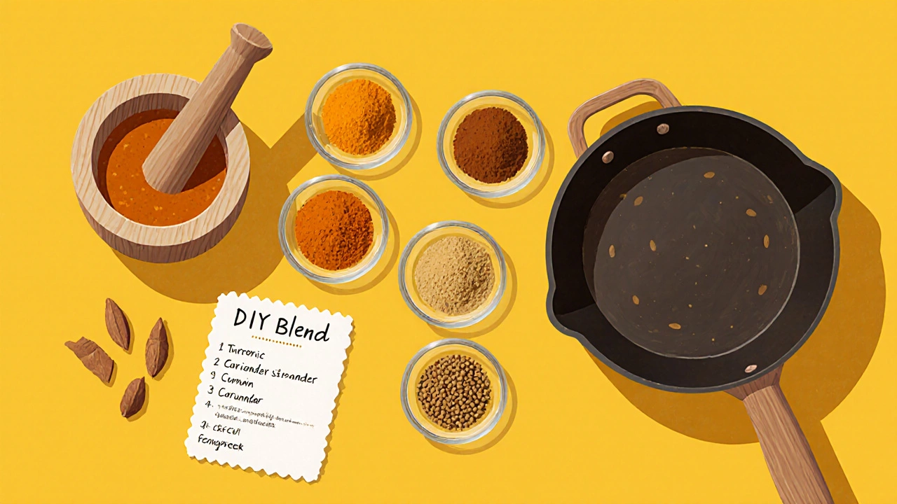Flat lay of measured spice bowls, mortar and pestle, skillet, and a recipe card for a DIY curry blend.