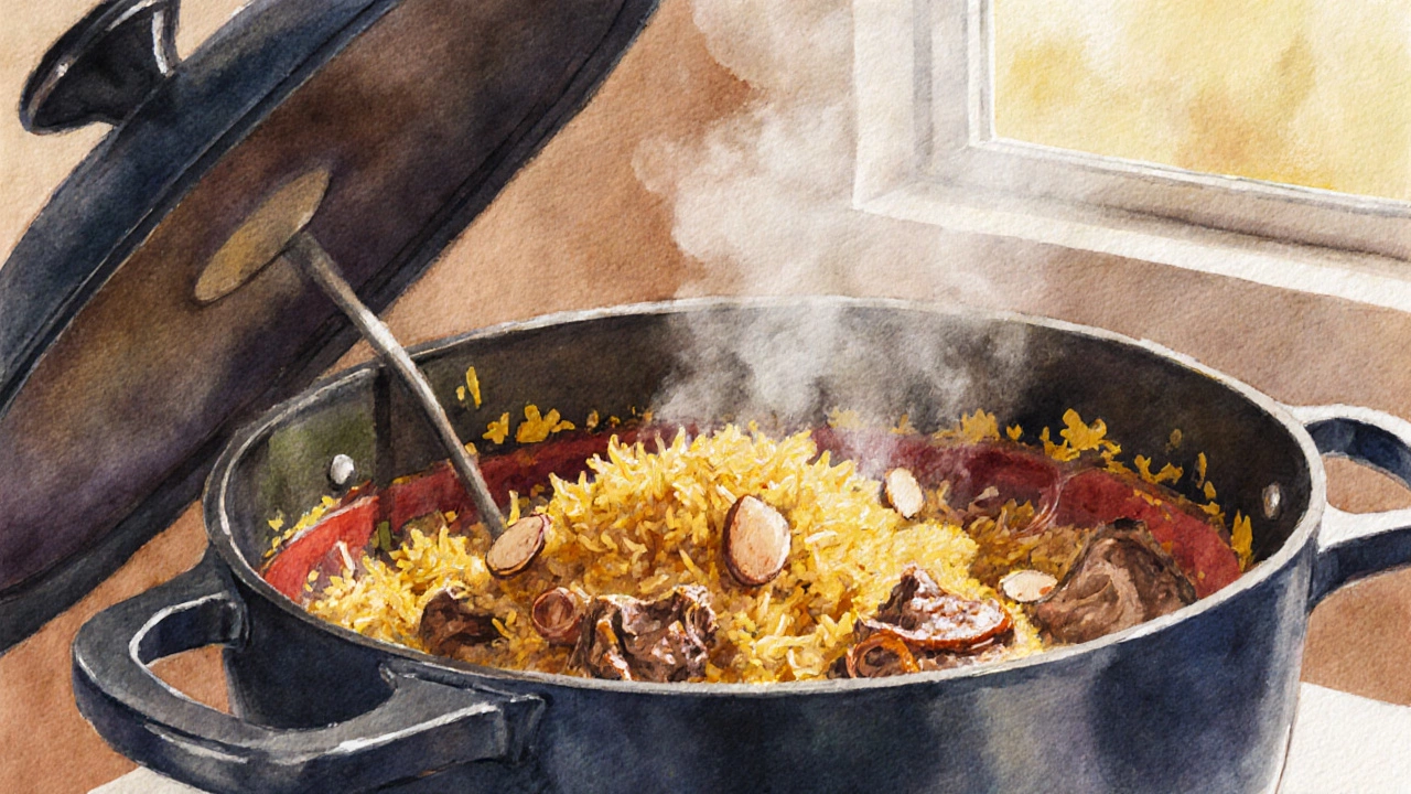 Golden pot of layered biryani with saffron, meat, fried onions, steam drifting.