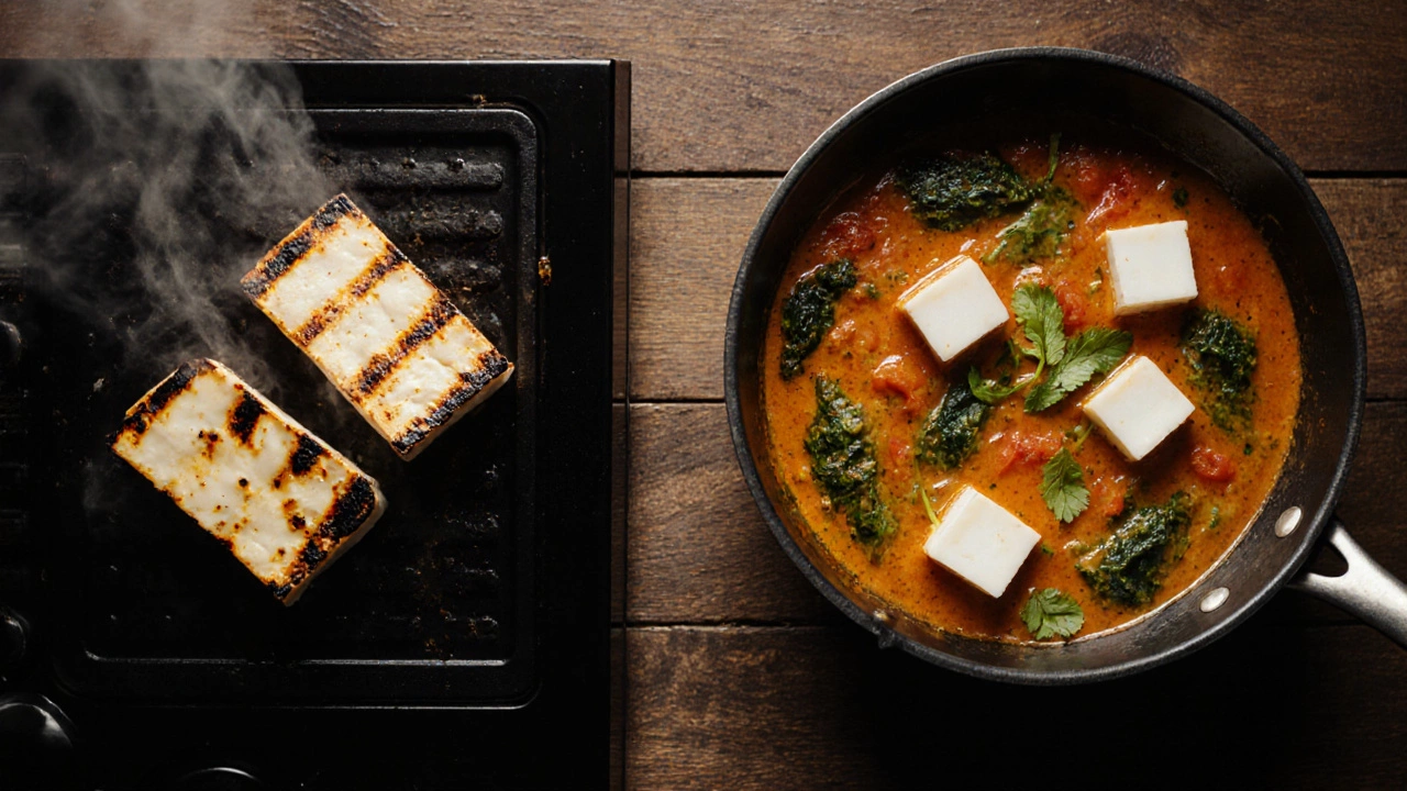 Grilled halloumi and paneer cubes in a creamy orange curry.