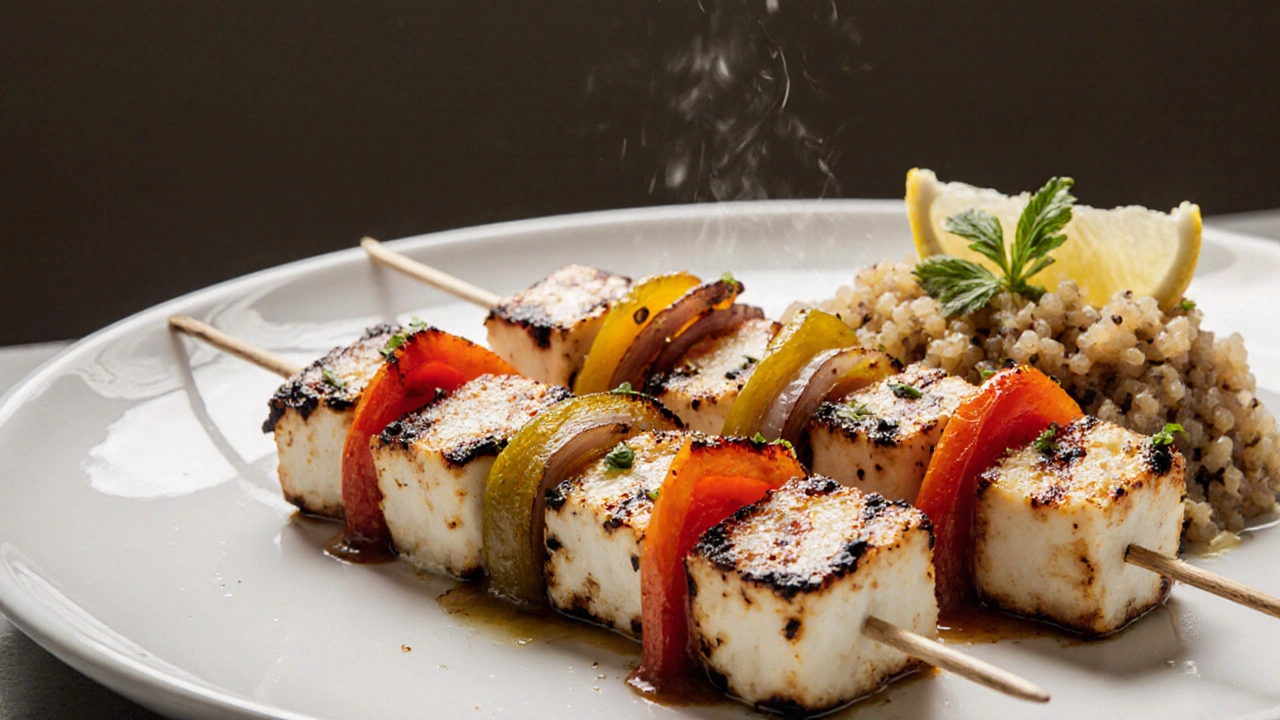 Grilled paneer skewers with vegetables on a plate, showing a healthy serving.