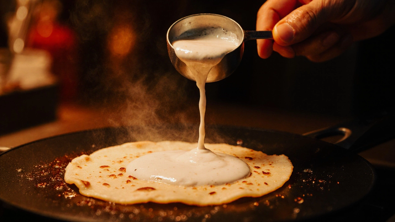 Hand pouring batter onto a hot griddle, edges turning golden and crisp.