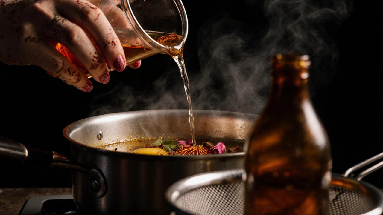 Hands adding rose and kewra water to saffron‑infused ghee, steam rising from a saucepan.