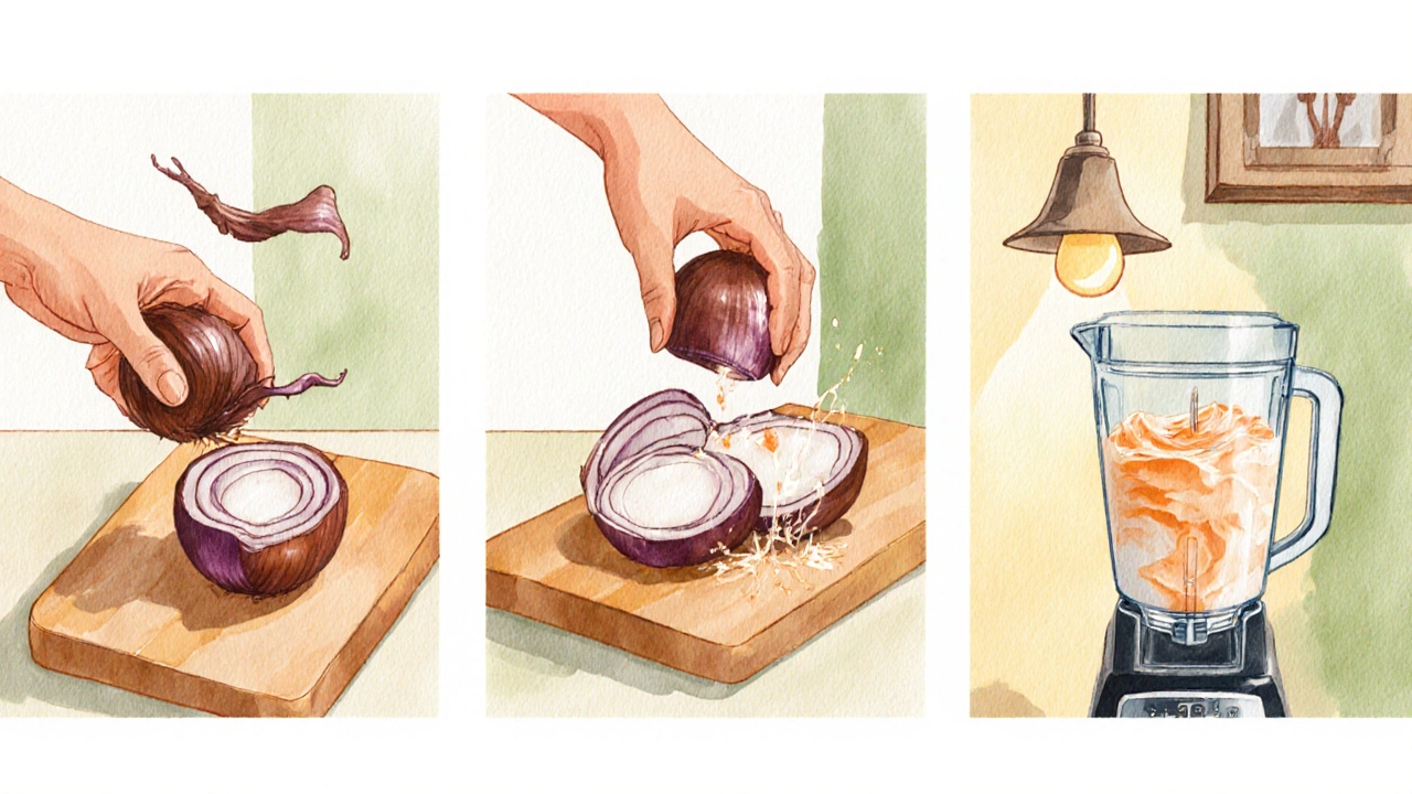 Hands peel, quarter, and blend an onion with coconut milk in a kitchen blender.