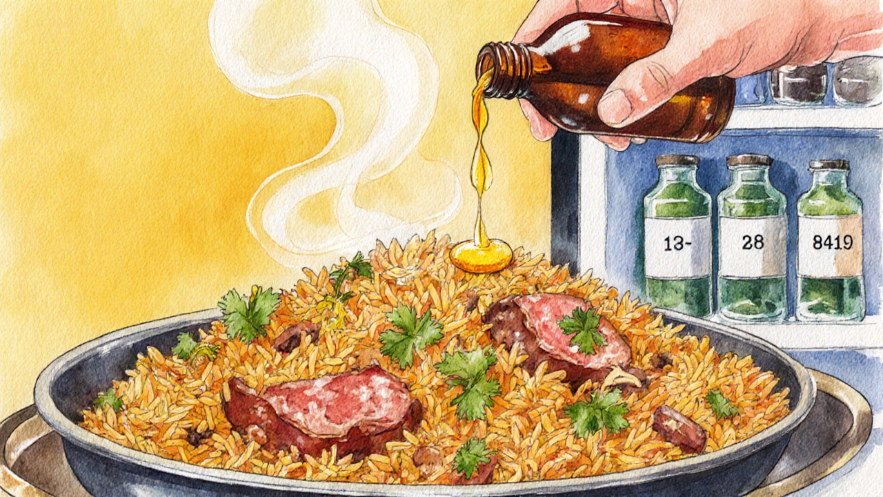 Illustration of biryani pot with steam, essence being drizzled, and stored bottles in a fridge.