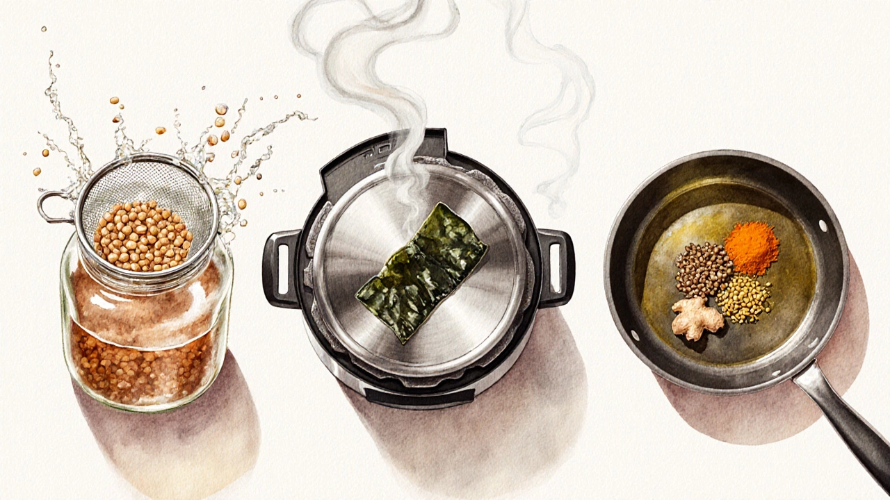 Kitchen scene showing lentils soaking, pressure cooker with kombu, and spices sizzling in oil.