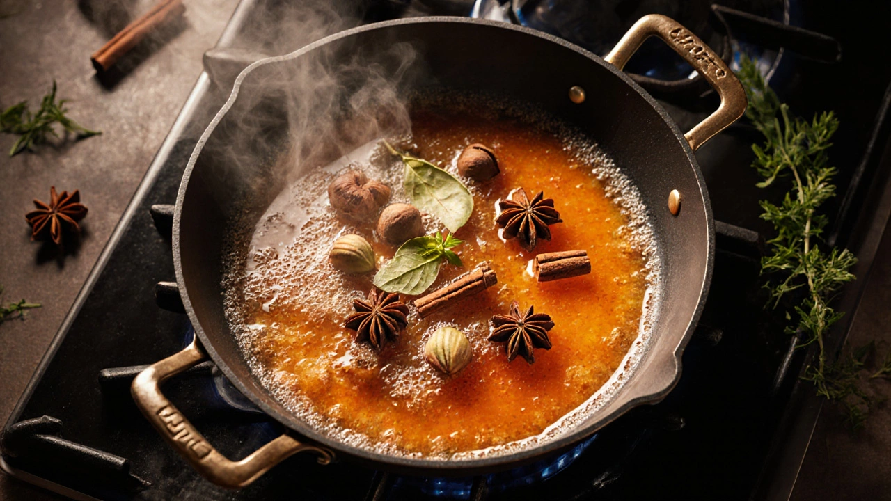 Pan with whole spices being toasted in bubbling ghee, steam rising.
