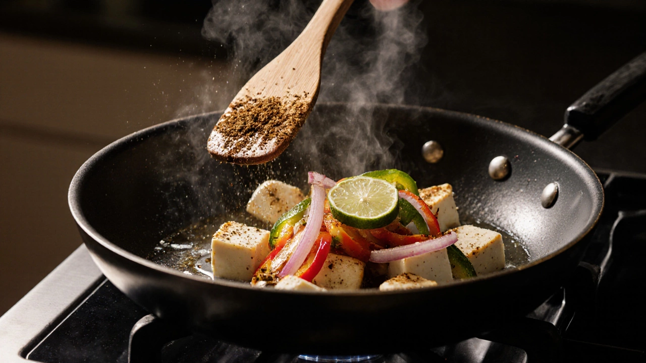 Paneer cubes sizzling in a skillet with vegetables, oil, and lime splash.