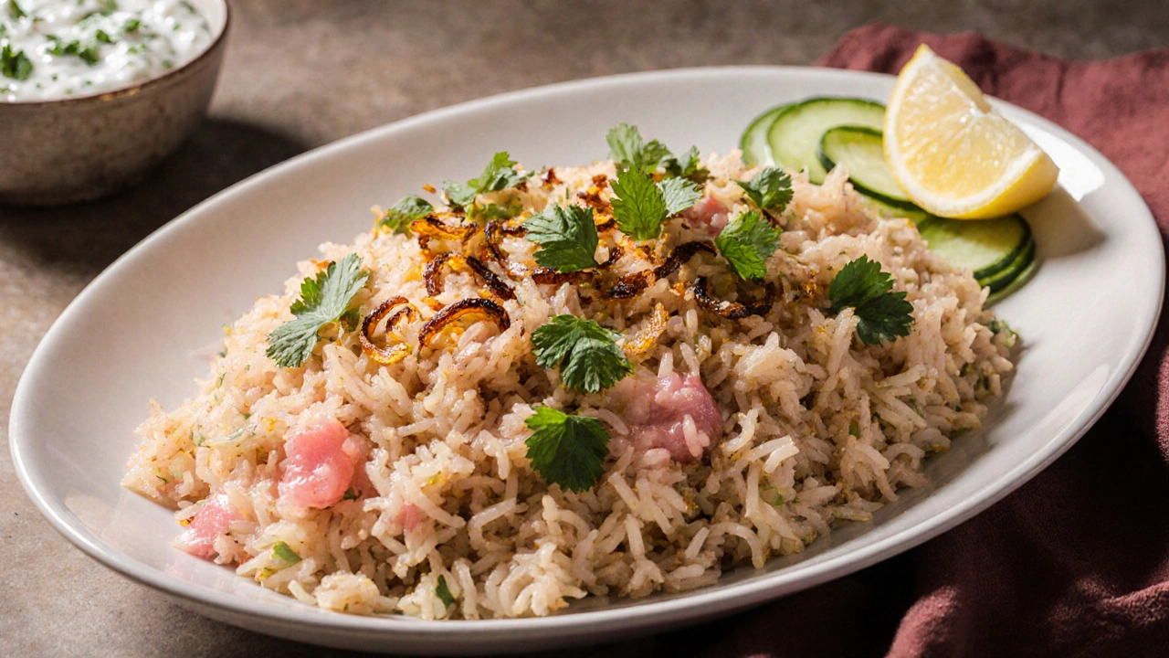 Plated biryani with raita, herbs, and lemon wedges on a dining plate.