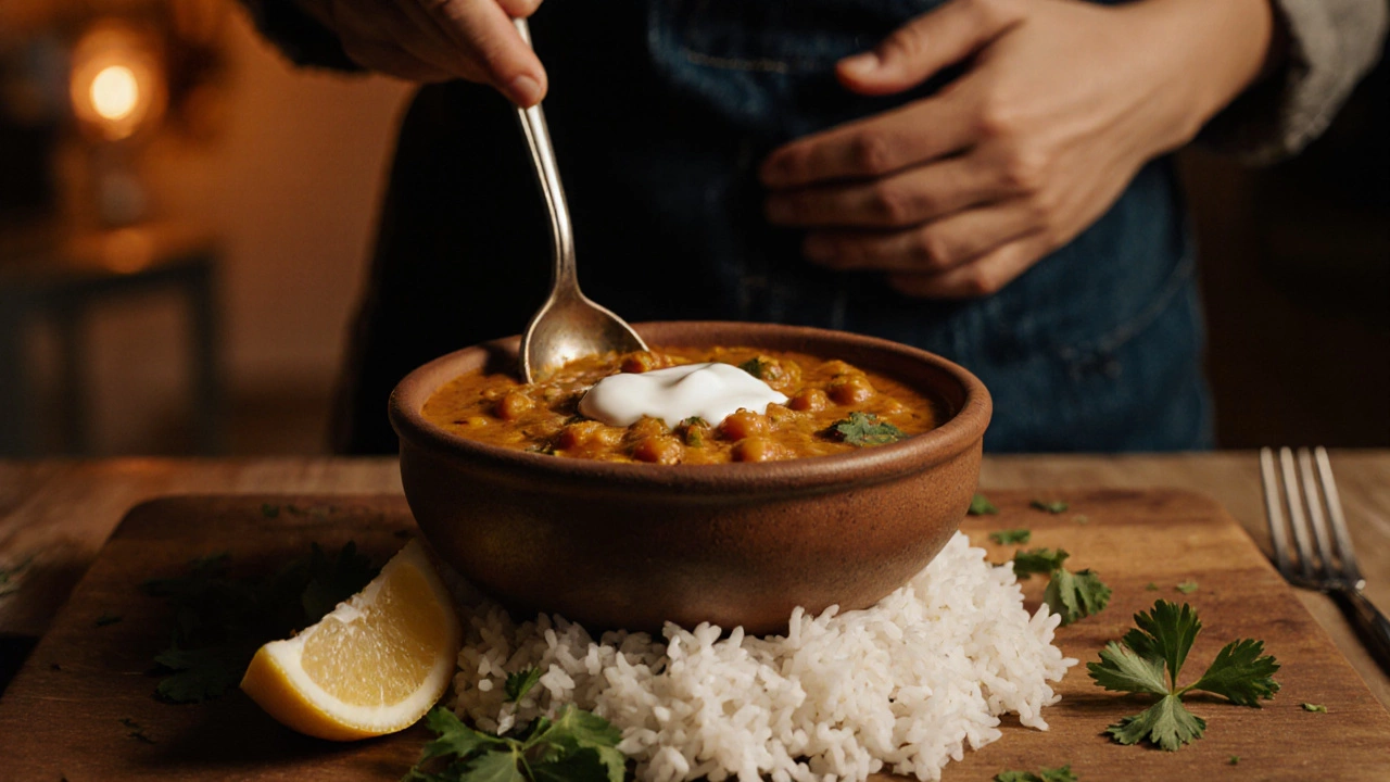 Served dal over rice with yogurt, lemon, and cilantro, evoking a satisfied meal.