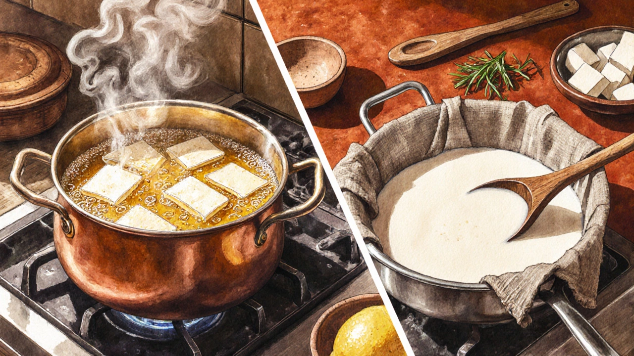 Side‑by‑side view of halloumi being boiled and paneer set with lemon.
