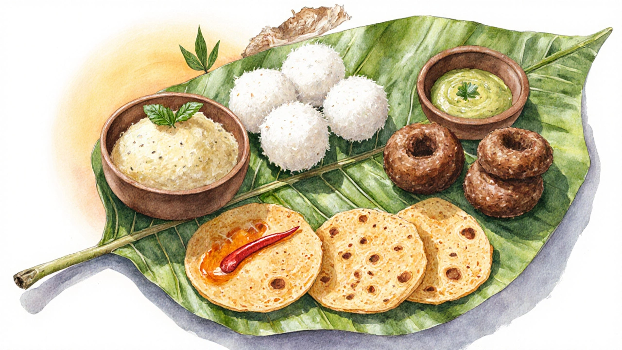 South Indian breakfast dishes with coconut and tomato chutneys on a banana leaf.