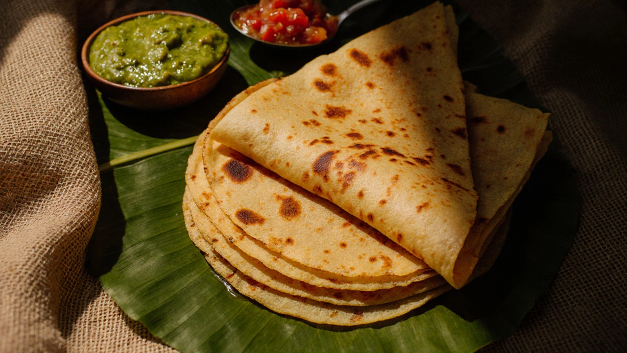 Stack of golden crispy dosas with chutney and salsa on a banana leaf.