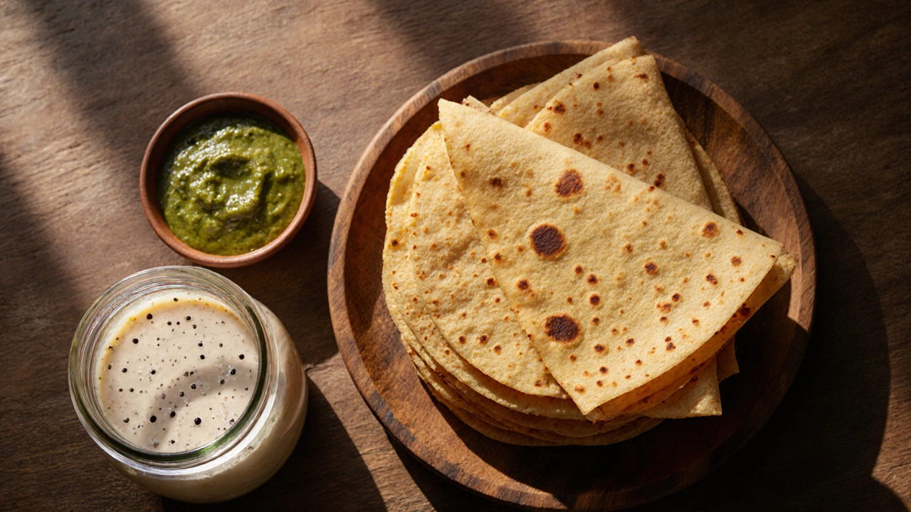 Stack of golden dosa pancakes with chutney on wooden board.
