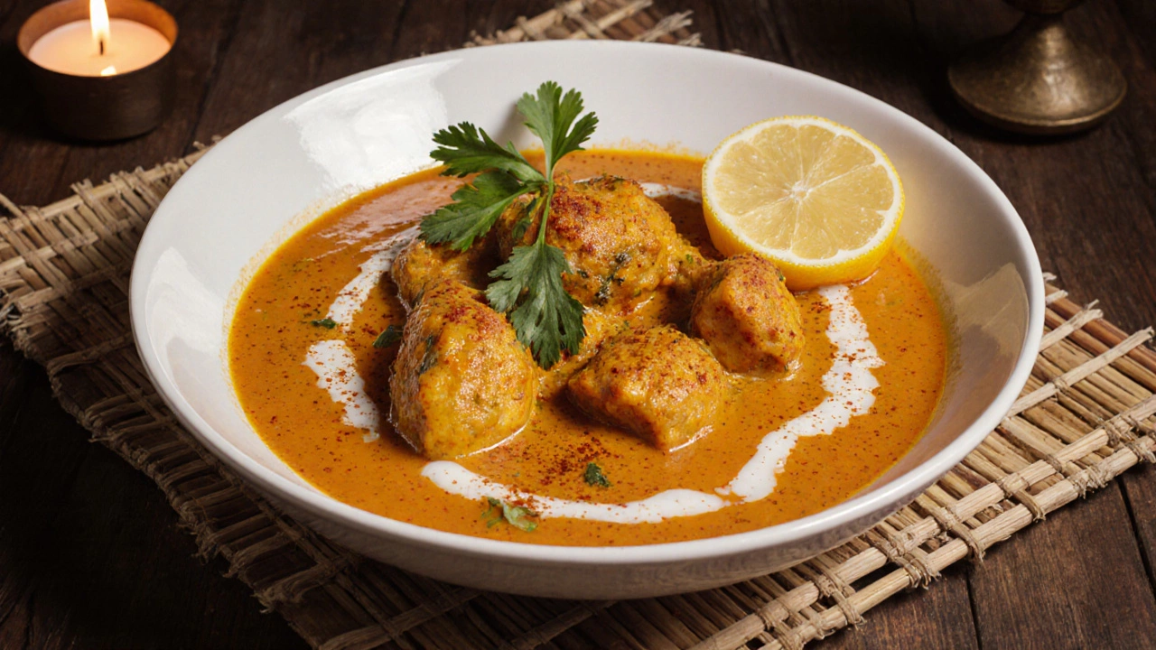 Steaming bowl of golden chicken curry, garnished with cilantro and lemon.