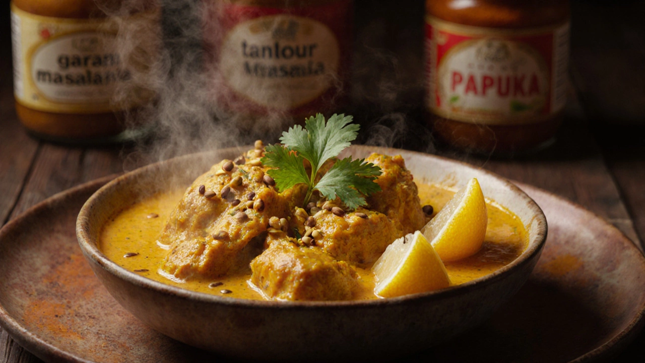 Steaming chicken curry in a bowl, bright yellow sauce, cilantro garnish, with spice jars in the background.