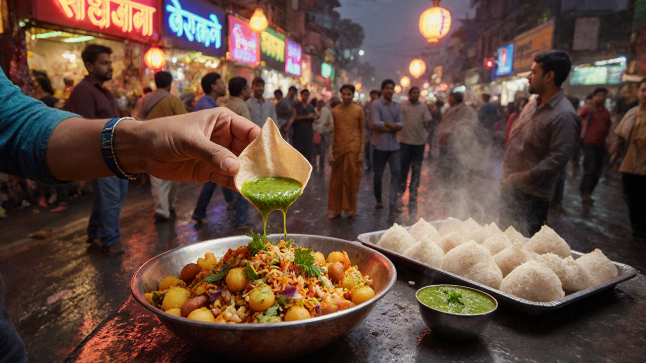 Street‑food stall serving Bhel Puri, Pani Puri, and Dhokla with bright chutney toppings.