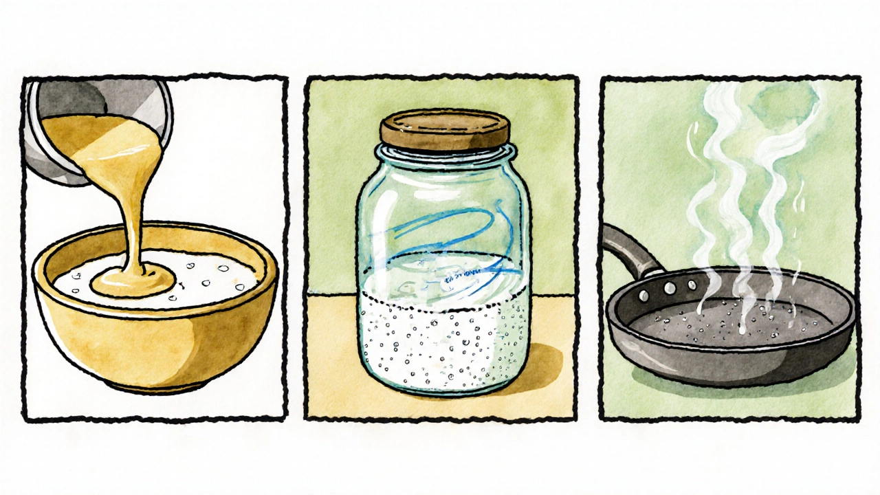 Three‑panel illustration showing batter consistency, bubbling fermentation, and sizzling water droplets on a pan.