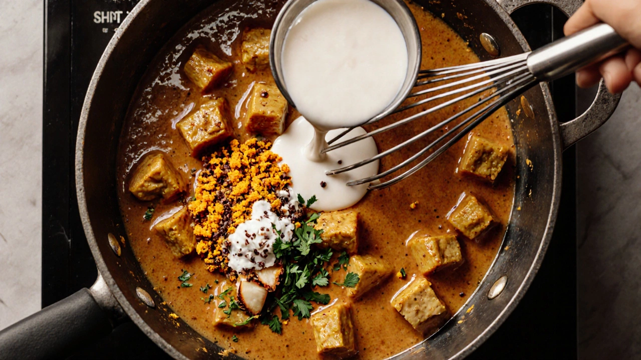 Top-down view of chicken, spices, and coconut milk being added with a whisk.