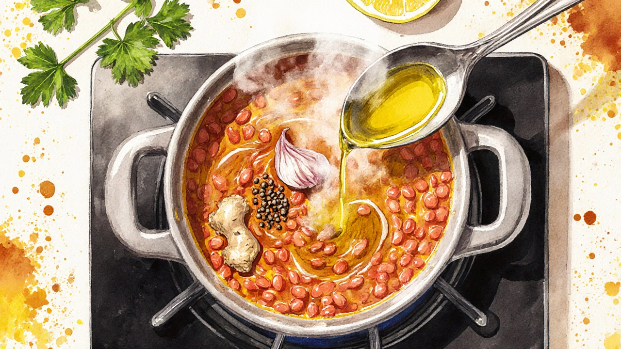 Top view watercolor of lentil dal cooking with spices, steam, and garnish.