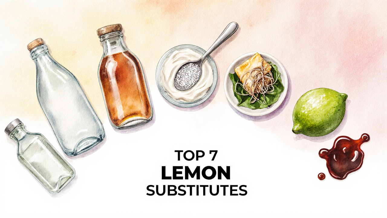 Watercolor flat‑lay of seven acid substitutes: two vinegars, citric acid, yogurt, tamarind, pomegranate molasses, and lime.