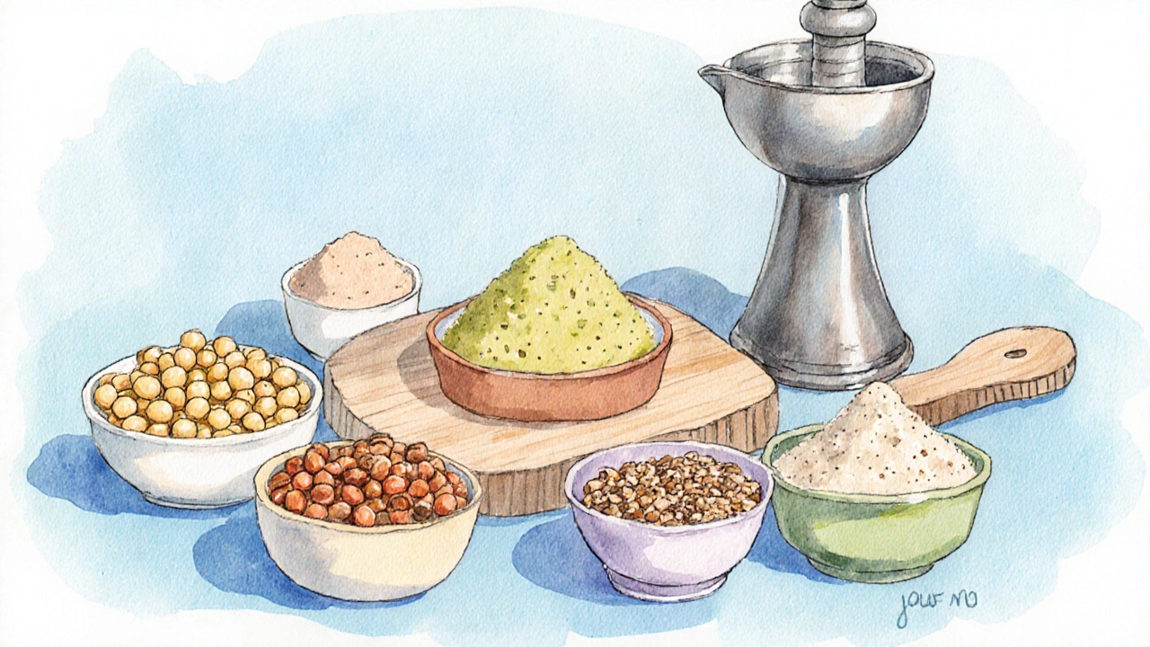 Watercolor illustration of legume substitutes in bowls.