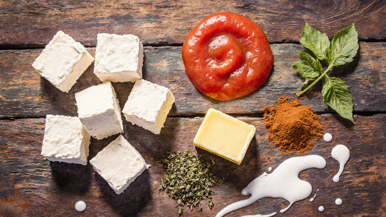 Watercolor layout of paneer cubes, tomatoes, butter, and spices on a wooden board.