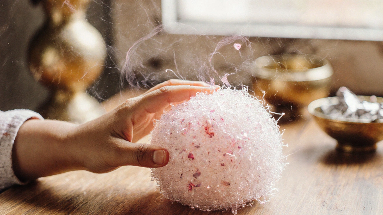 A child&#039;s hand touching a delicate, cloud-like phool jhadi sweet on a wooden table.