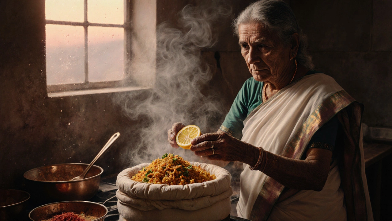 An elderly woman placing a lemon on a sealed biryani pot in a warm, traditional kitchen.