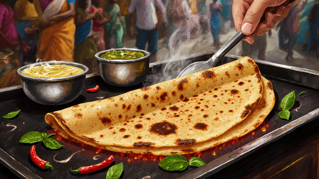 Crispy masala dosa being served with chutneys on a griddle