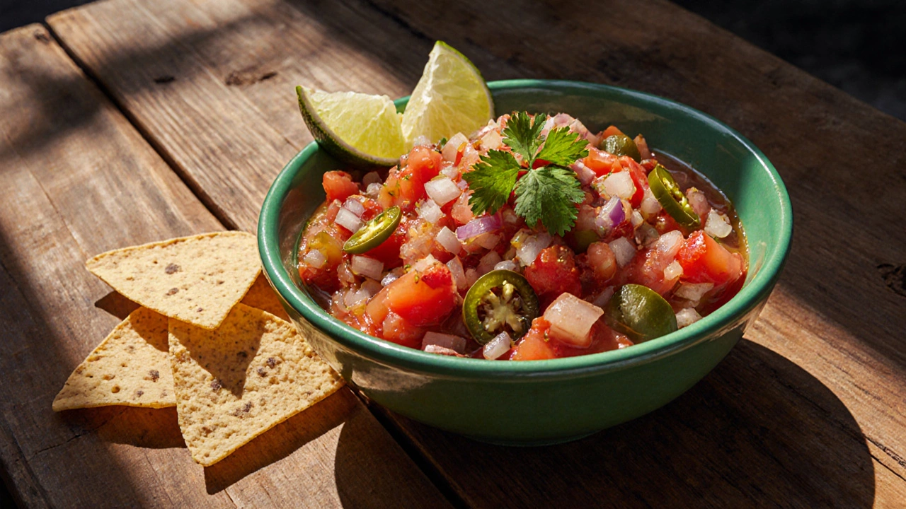 Fresh pico de gallo with tomatoes, onions, and cilantro served beside tortilla chips at a Mexican street stall.