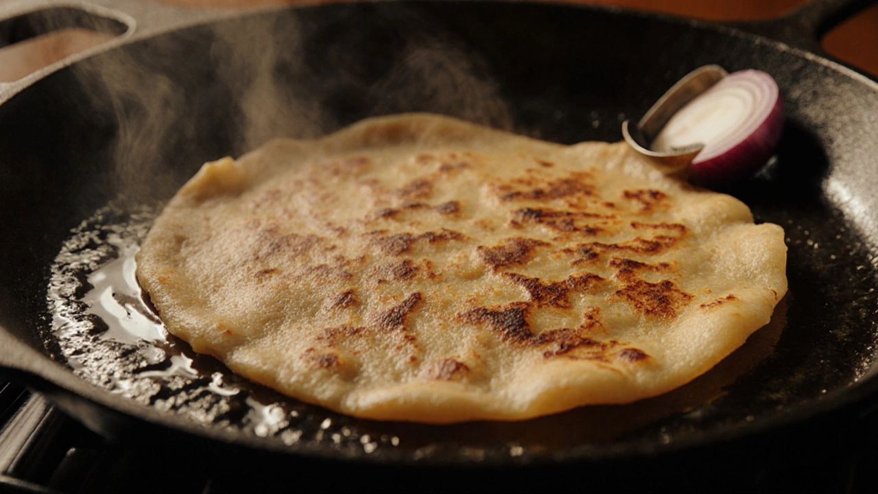 Golden crispy dosa cooking on a black cast iron pan with steam rising