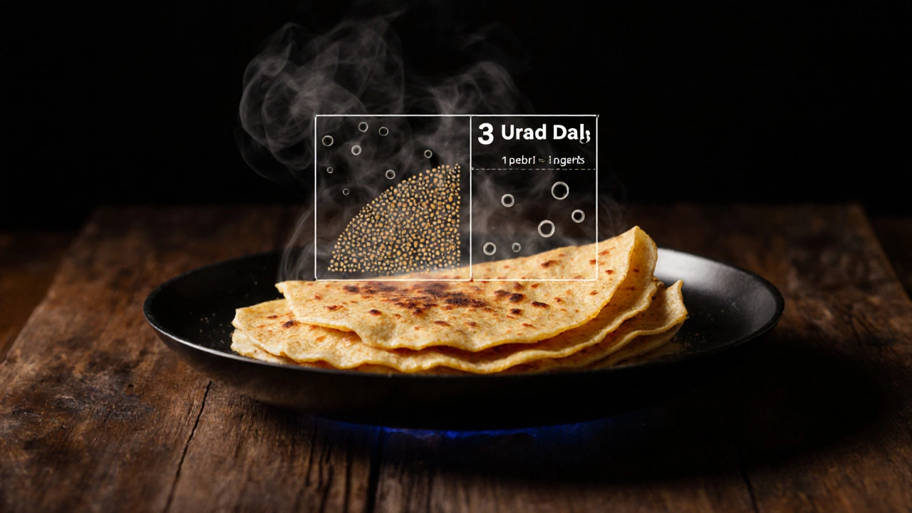 Golden crispy dosa on hot griddle with floating rice and dal grains