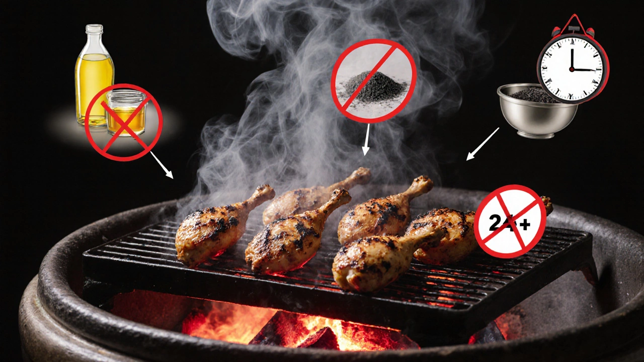 Grilled tandoori chicken with forbidden ingredients like oil, honey, and metal bowl crossed out.