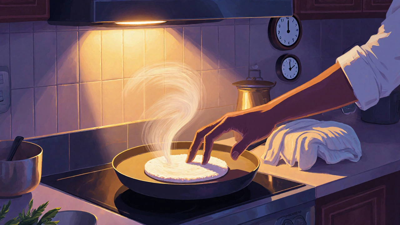 Hand spreading dosa batter thin on a hot griddle in a warm kitchen