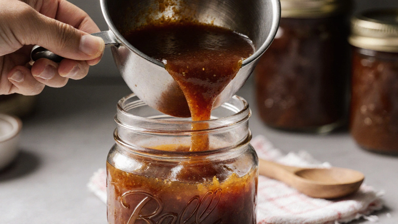 Hot chutney being poured into a jar through a funnel, with space left at the top and a cloth ready to wipe the rim.