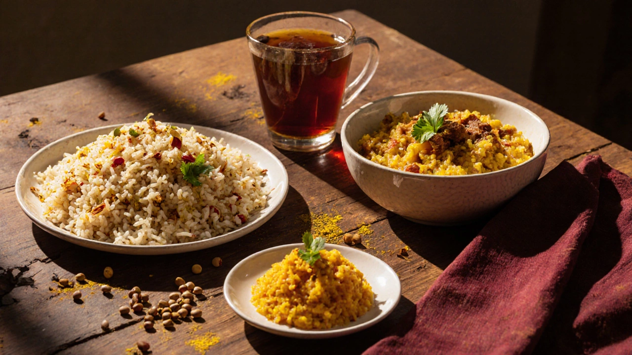 Indian breakfast spread with poha, upma, chai, and onion bhaji